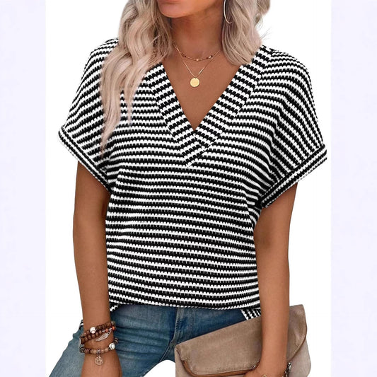 Summer V Neck Striped Loose Short Sleeve