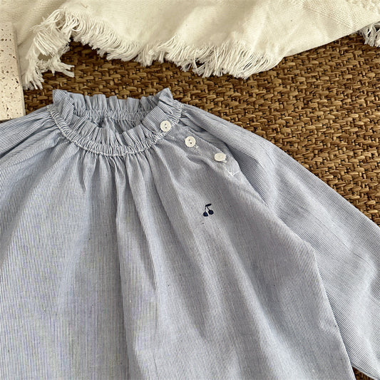 Children's Embroidery Oblique Placket Shirt Girls' Striped Shirt