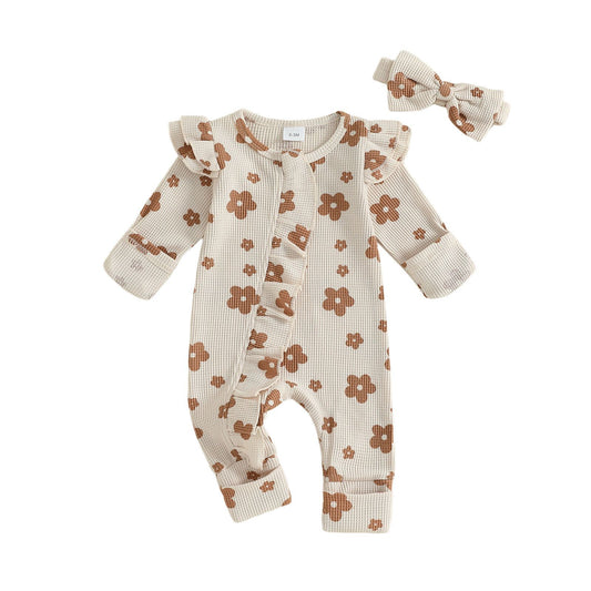 Girls' Long-sleeved Flower Print Zipper Hair Band Jumpsuit