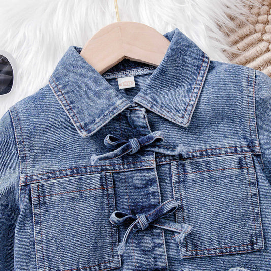 Bow Button Shirt Denim Skirt Set