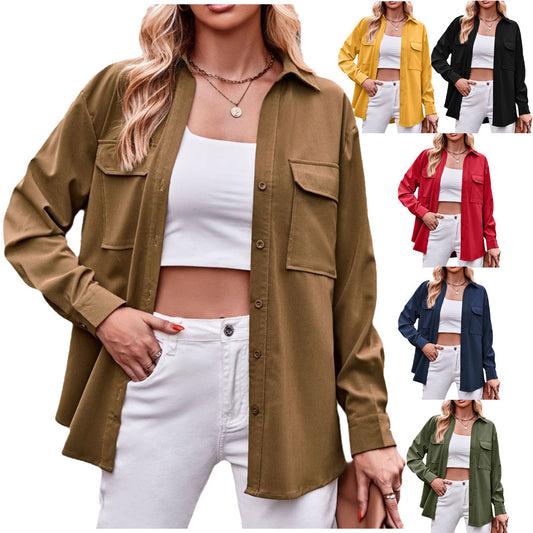 Polo Collar Solid Color Long Sleeve Coat Shirt