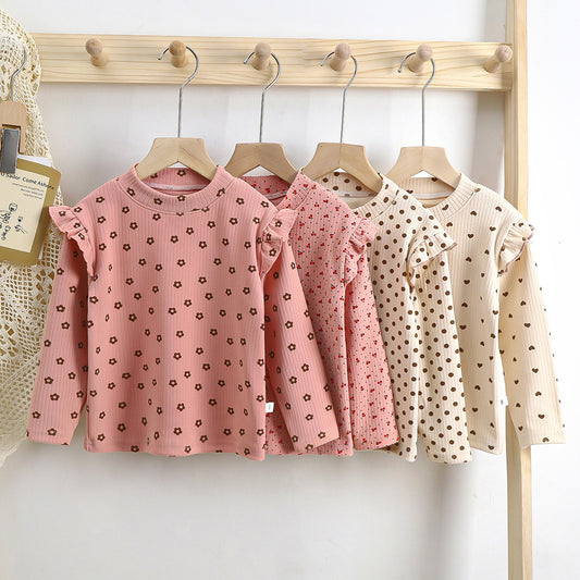 Girls' Autumn And Winter Floral Bottoming Shirt Flounced Sleeve T-shirt