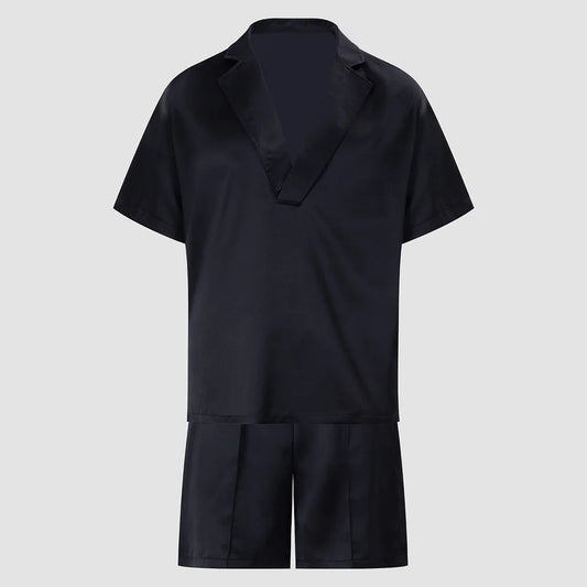 Men's Summer Set - Casual 2-Piece Outfit With Lapel Button Shirt & Shorts
