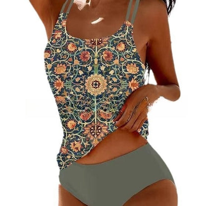 Retro Split High Waist Bikini Beach Print Strap Swimsuit