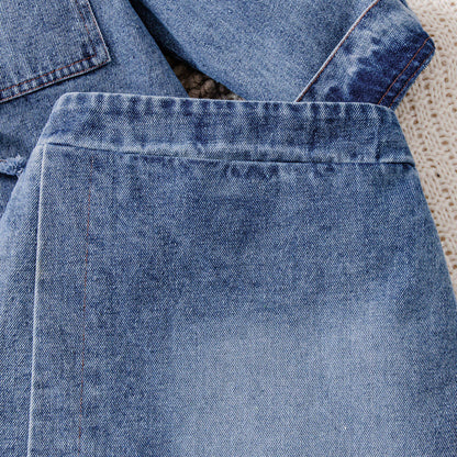 Bow Button Shirt Denim Skirt Set
