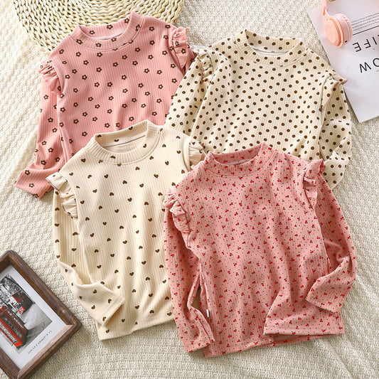 Girls' Autumn And Winter Floral Bottoming Shirt Flounced Sleeve T-shirt
