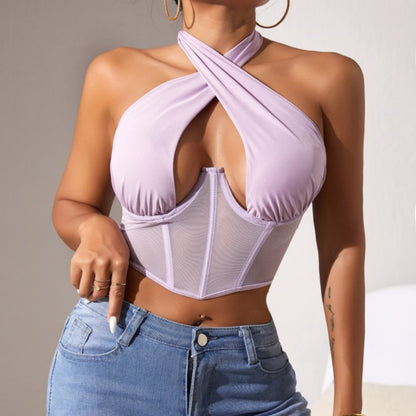Top Stitching Mesh See-through Cross-halterneck Fishbone Bra