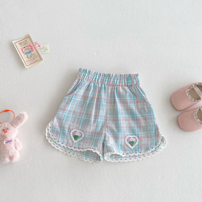 Girls' Bubble Sleeve T-shirt Cartoon Doll Shirt Embroidered Plaid Shorts