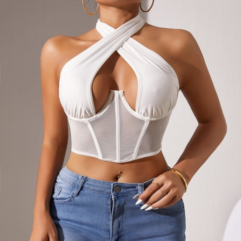 Top Stitching Mesh See-through Cross-halterneck Fishbone Bra