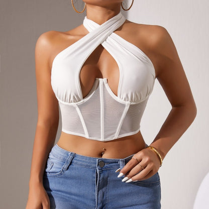 Top Stitching Mesh See-through Cross-halterneck Fishbone Bra