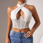 Top Stitching Mesh See-through Cross-halterneck Fishbone Bra