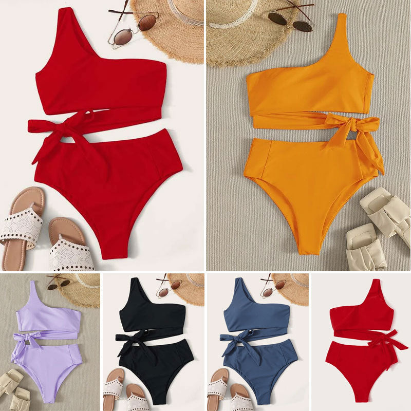 Solid Color One-shoulder Swimsuit Women's Bikini Swimsuit