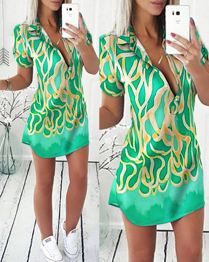 Lapel Print Shirt Dress For Women