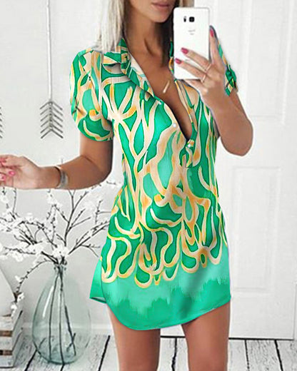 Lapel Print Shirt Dress For Women