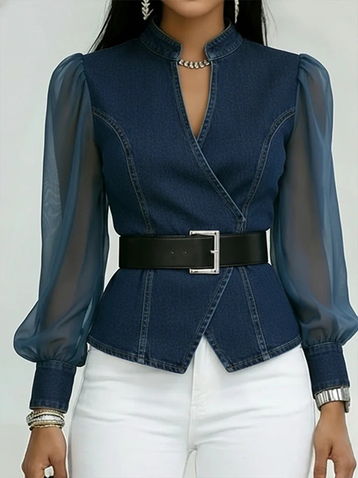 Women's V-neck Lace Long-sleeve Top