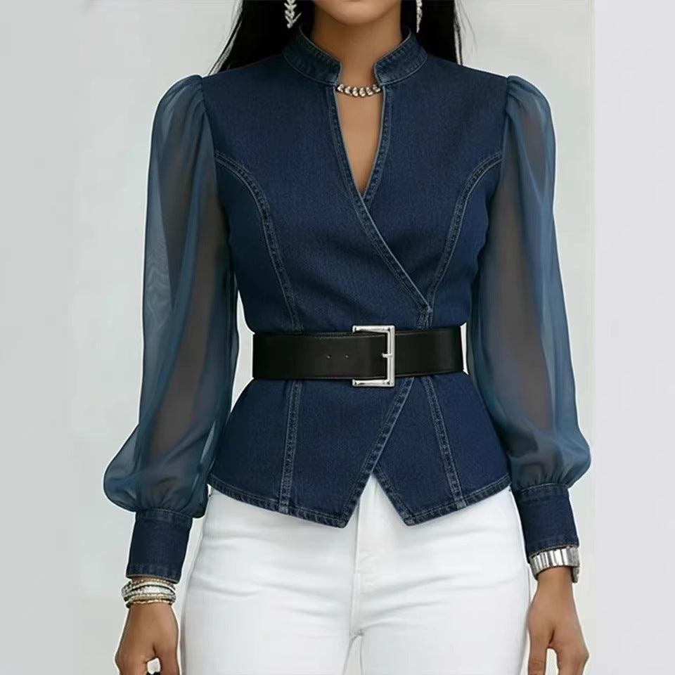 Women's V-neck Lace Long-sleeve Top
