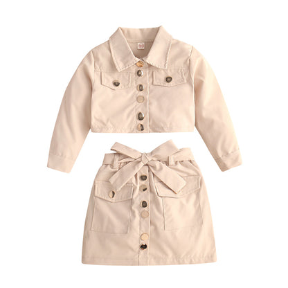 Long Sleeve Short Lapels Jacket Top Bow A- Line Skirt Outfit Cross Border