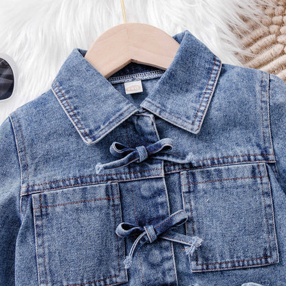 Bow Button Shirt Denim Skirt Set