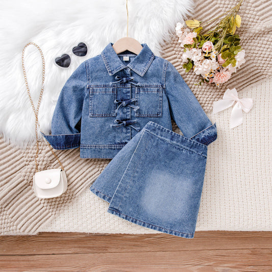 Bow Button Shirt Denim Skirt Set