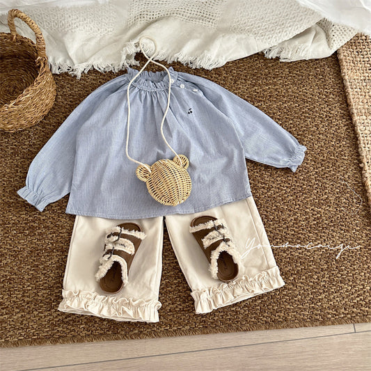 Children's Embroidery Oblique Placket Shirt Girls' Striped Shirt