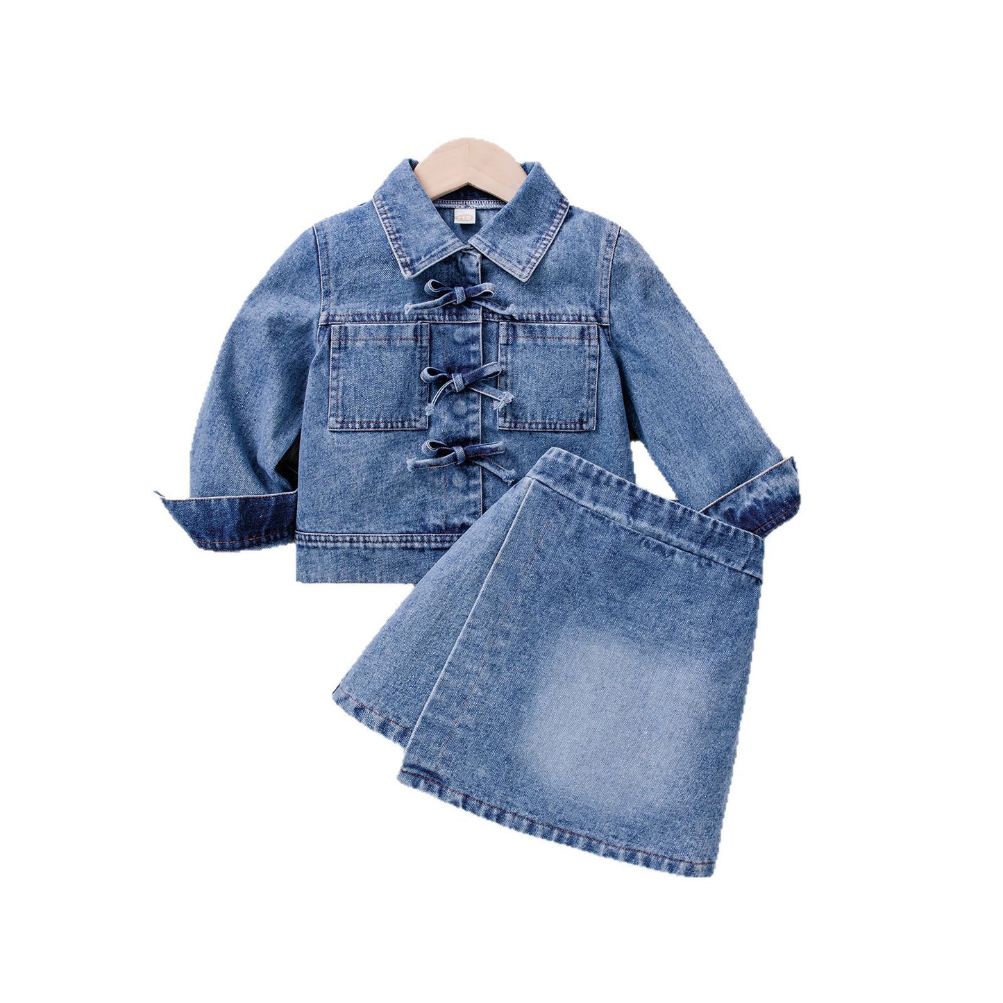 Bow Button Shirt Denim Skirt Set