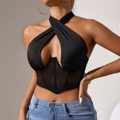 Top Stitching Mesh See-through Cross-halterneck Fishbone Bra