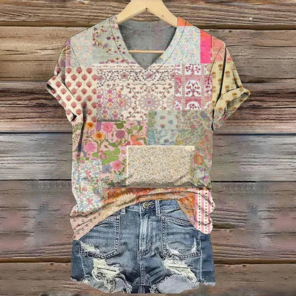 3D Digital Print T-Shirt Womens V-Neck Short-Sleeve Top