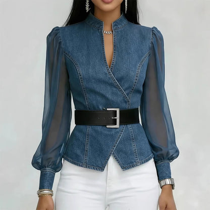 Women's V-neck Lace Long-sleeve Top