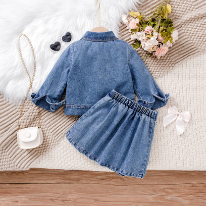 Bow Button Shirt Denim Skirt Set