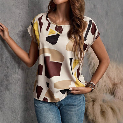 Womens Round-neck Printed Short-sleeve Top