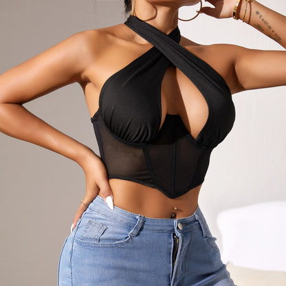 Top Stitching Mesh See-through Cross-halterneck Fishbone Bra