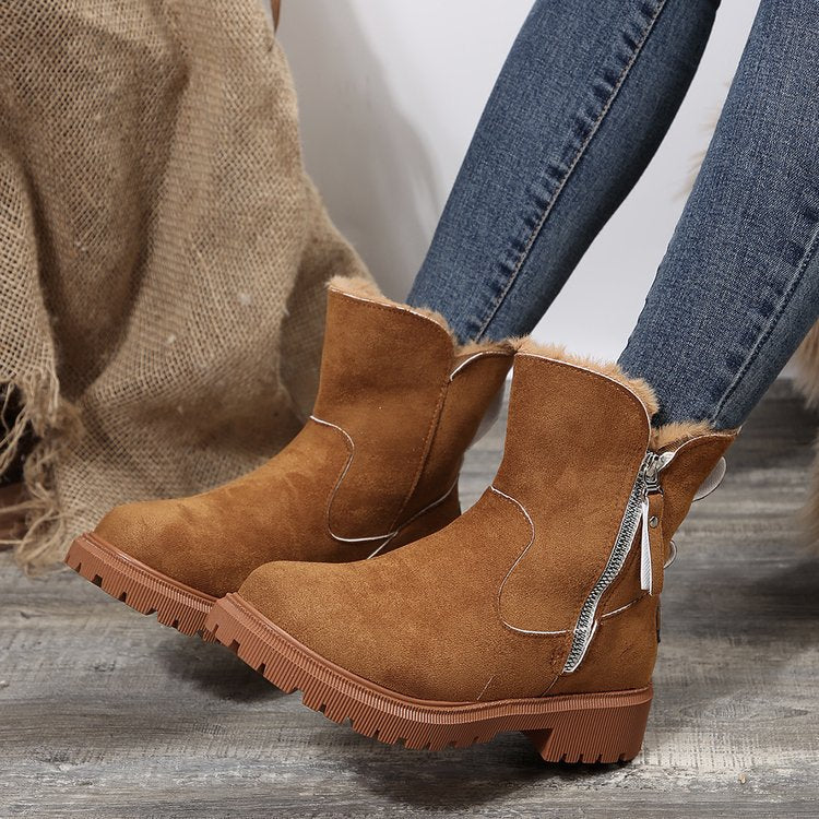 Women's Snow Boots Winter Warm Foldable Plush Tube Short Boot Solid Color Round-toe Platform Shoes