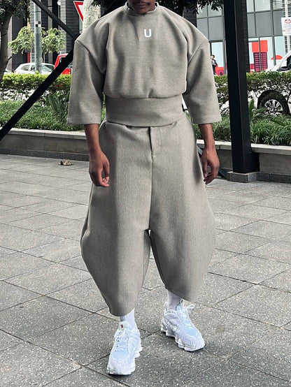 Casual Men's Ash - Grey Baggy Top And Harem - Style Pants Set